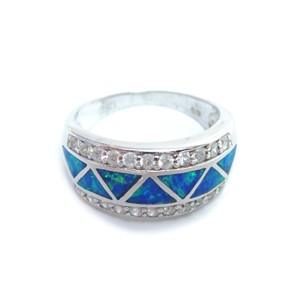 Blue Fire Opal Triangle Inlay with CZs Ring